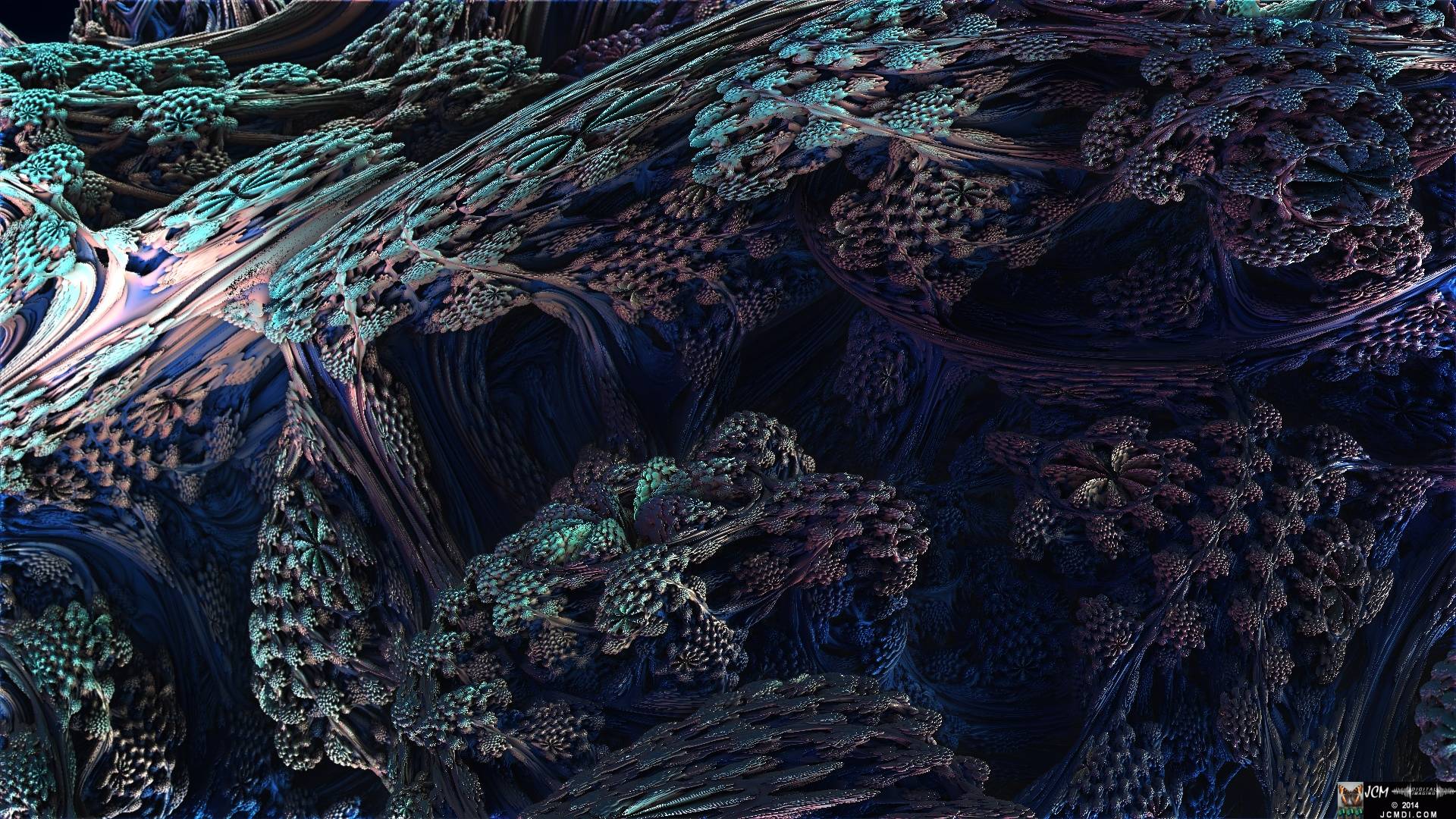 Still image from the JCMDI video Blue Coral on YouTube, rendered with Mandelbulb 3D